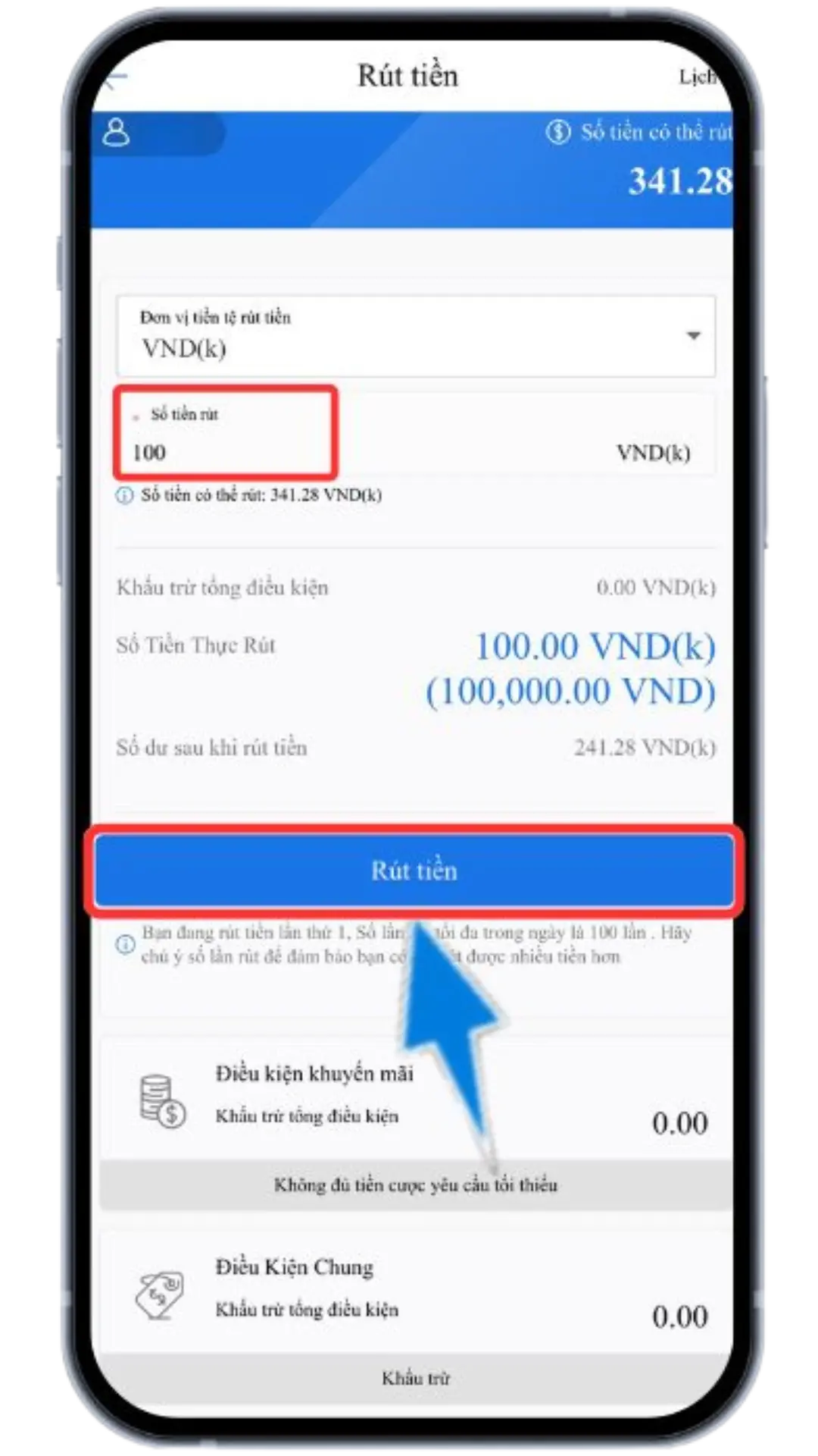Bước 3 : chọn vào mục số tiền rút , nhập số tiền muốn rút sau đó chọn " Rút tiền " (1 điểm = 1,000 VND. Ví dụ rút 1 triệu, nhập 1,000) => Bấm xác nhận rút tiền